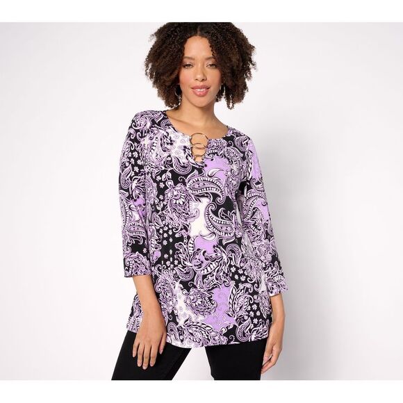 Susan Graver Women's Top Petite 1XP Printed Liquid Knit Sleeve Blk/Blue A630802 - Picture 1 of 4